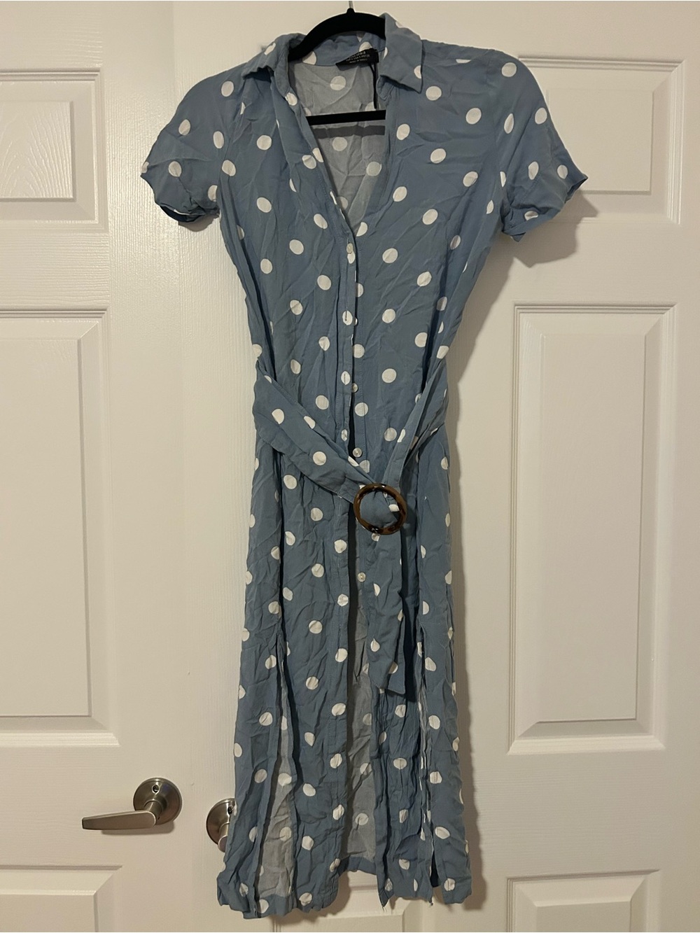 Bershka Light Blue Polka Dot Shirt Dress with Belt